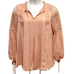 Blu Pepper Pink Blush Long Sleeve Lace Detail Tunic Top Small